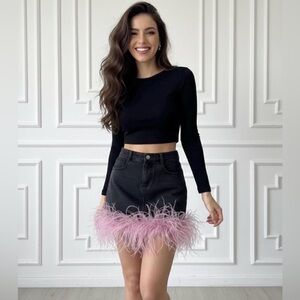 Black Denim Skirt with Pink Ostrich Feather Trim - NWT